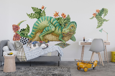 Wandtattoo 80x102 Dinosaurier im Cartoon-Stil mit Blättern und Blumen