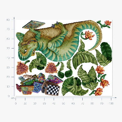 Wandtattoo 80x102 Dinosaurier im Cartoon-Stil mit Blättern und Blumen