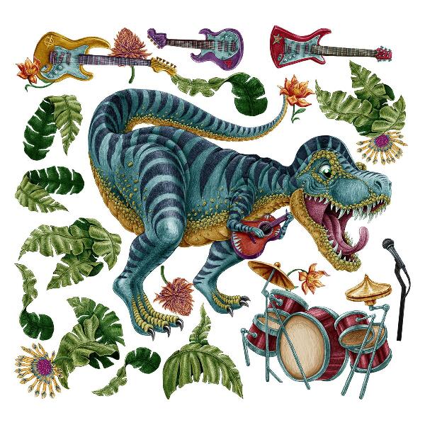 Wandtattoo 80x119 Musikalischer Cartoon-Dinosaurier mit Instrumenten
