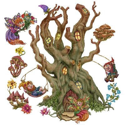 Wandtattoo 80x106 Waldfeenwesen und ein Baumhaus