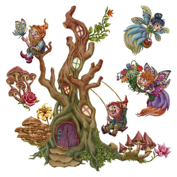 Wandtattoo 80x83 Waldzauber mit Feen und Zwergen