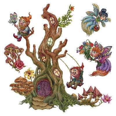 Wandtattoo 80x83 Waldzauber mit Feen und Zwergen