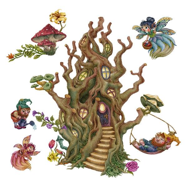 Wandtattoo 80x106 Waldgeschöpfe, Feenzwerge und ein Baumhaus
