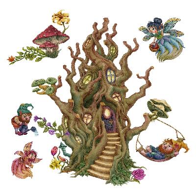 Wandtattoo 80x106 Waldgeschöpfe, Feenzwerge und ein Baumhaus