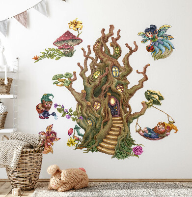 Wandtattoo 80x106 Waldgeschöpfe, Feenzwerge und ein Baumhaus