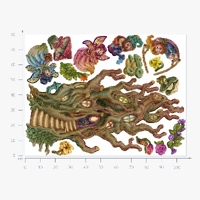 Wandtattoo 80x106 Waldgeschöpfe, Feenzwerge und ein Baumhaus