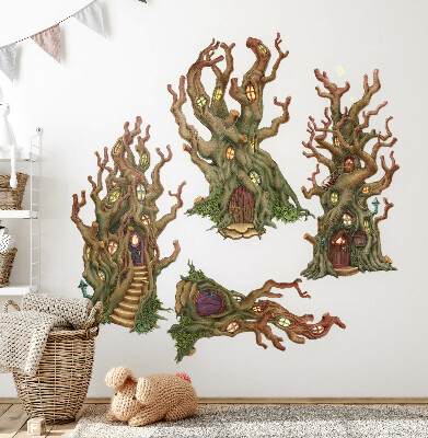 Wandtattoo 80x143 Waldmärchenhäuser in Bäumen im Cartoon-Stil