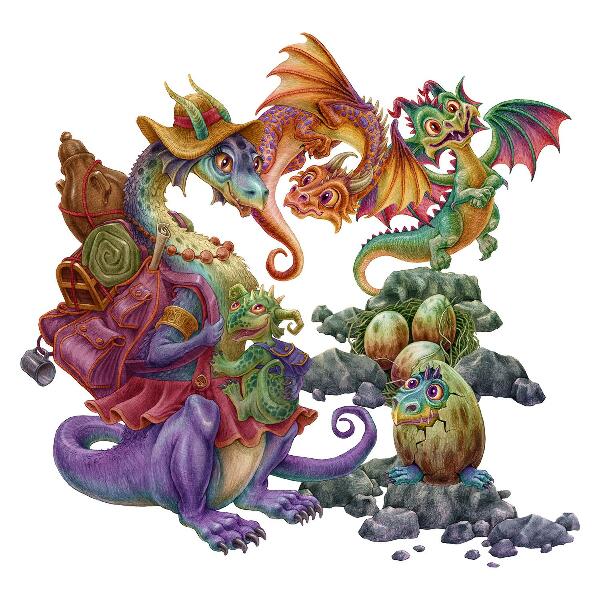 Wandtattoo 80x97 Bunte Drachenmärchenfamilie im illustrativen Stil