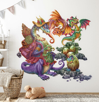 Wandtattoo 80x97 Bunte Drachenmärchenfamilie im illustrativen Stil