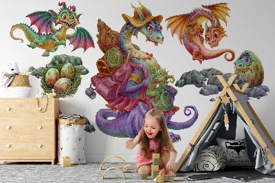 Wandtattoo 80x97 Bunte Drachenmärchenfamilie im illustrativen Stil