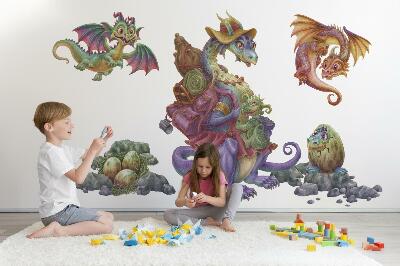 Wandtattoo 80x97 Bunte Drachenmärchenfamilie im illustrativen Stil
