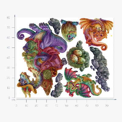 Wandtattoo 80x97 Bunte Drachenmärchenfamilie im illustrativen Stil