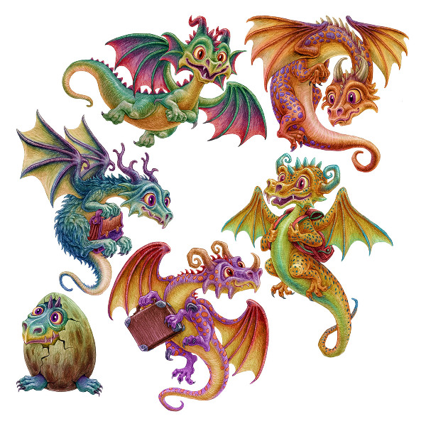Wandtattoo 80x64 Bunte Drachen in Cartoon-Märchen-Ästhetik