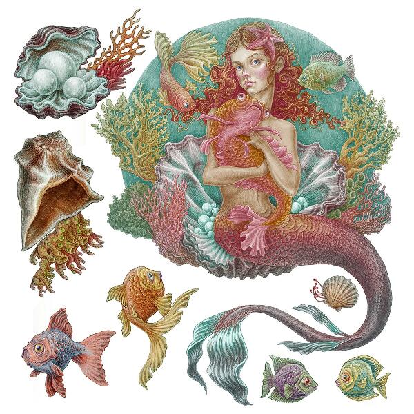 Wandtattoo 80x79 Meerjungfrau im Cartoon-Stil mit Unterwassermuscheln