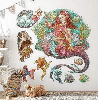 Wandtattoo 80x79 Meerjungfrau im Cartoon-Stil mit Unterwassermuscheln