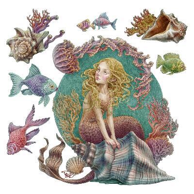Wandtattoo 80x71 Meerjungfrau unter Muscheln Unterwassergeschichten