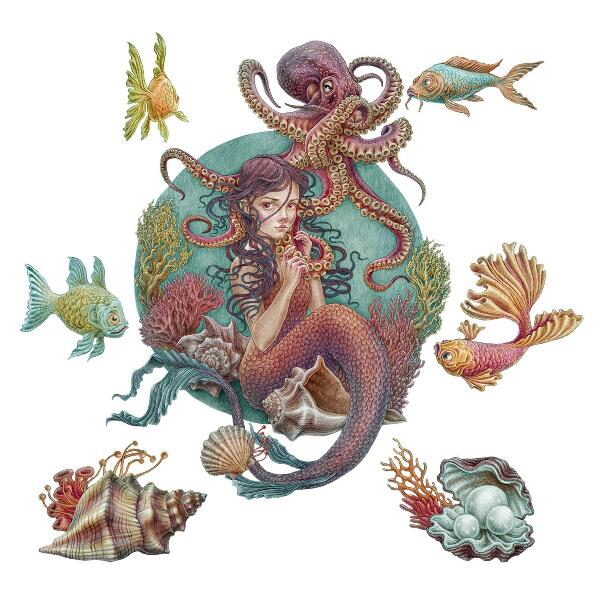Wandtattoo 80x89 Meerjungfrau aus Muscheln im Cartoon-Stil