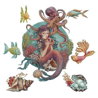 Wandtattoo 80x89 Meerjungfrau aus Muscheln im Cartoon-Stil