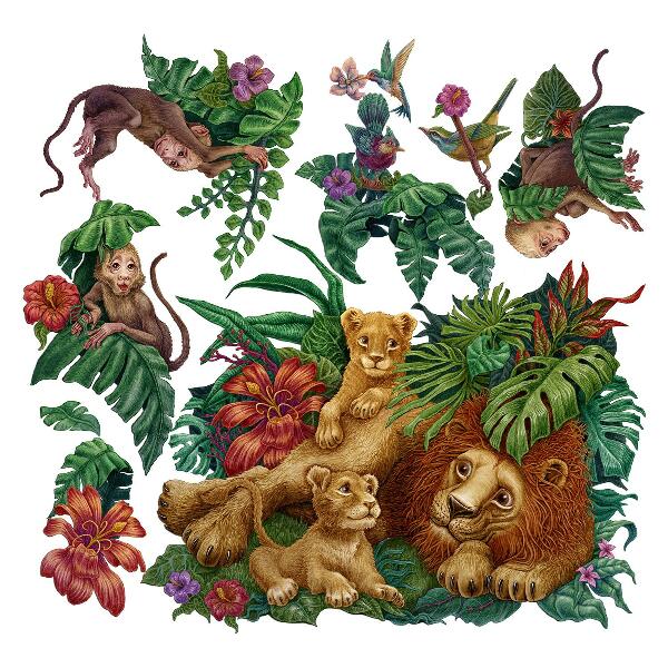 Wandtattoo 80x126 Safari exotische Tiere im tropischen Dschungel-Cartoon-Stil