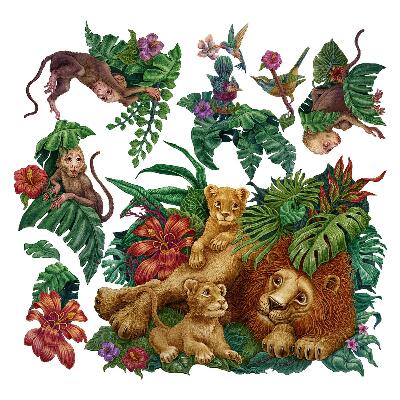 Wandtattoo 80x126 Safari exotische Tiere im tropischen Dschungel-Cartoon-Stil