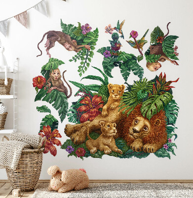 Wandtattoo 80x126 Safari exotische Tiere im tropischen Dschungel-Cartoon-Stil