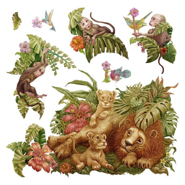 Wandtattoo 80x122 Safari exotische Tiere im Pastelldschungel