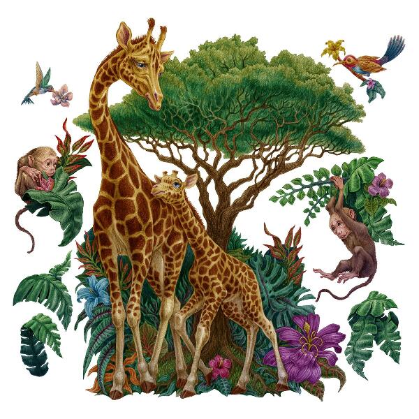 Wandtattoo 80x119 Safari mit wilden Tieren in Cartoon-Form