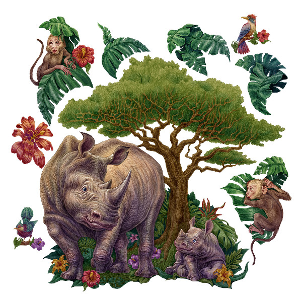 Wandtattoo 80x86 Wildtiere und Safari-Vegetation in Zeichnungen