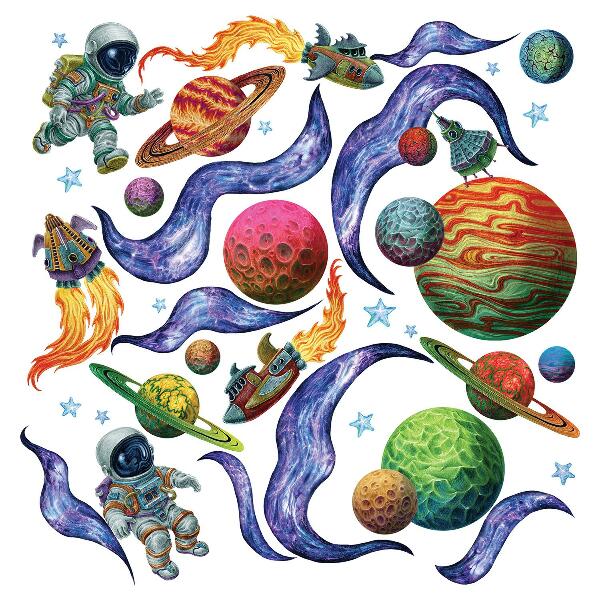 Wandtattoo 80x124 Raketenraumfahrt mit Astronauten und Planeten