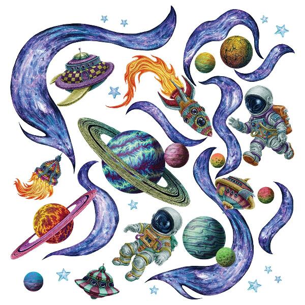 Wandtattoo 80x120 Astronauten-Weltraumraketen im Cartoon-Stil
