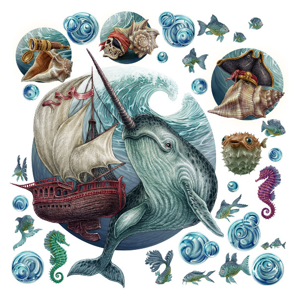 Wandtattoo 80x87 Ein Unterwasserland voller Comic-Kreaturen