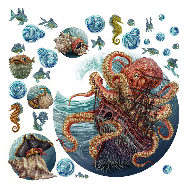 Wandtattoo 80x96 Eine märchenhafte Unterwasserwelt mit einem Oktopus und einem Schiff