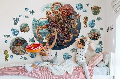 Wandtattoo 80x96 Eine märchenhafte Unterwasserwelt mit einem Oktopus und einem Schiff