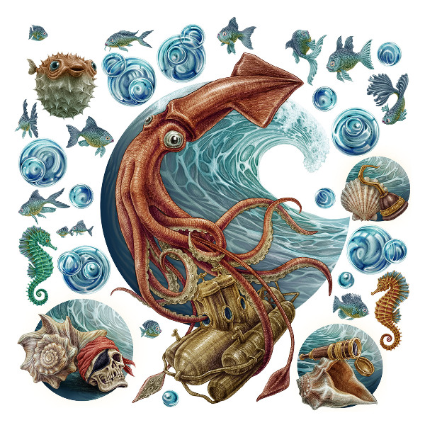 Wandtattoo 80x81 Magisches Land der Unterwasserlebewesen in Zeichnung