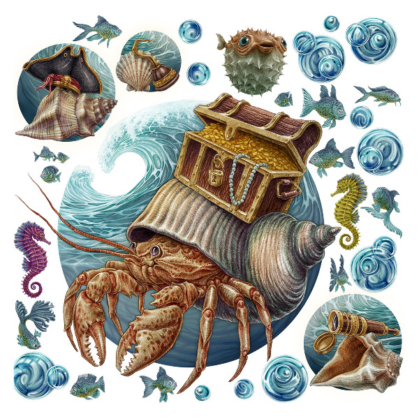 Wandtattoo 80x87 Ein Unterwassermärchen mit Krabben im Cartoon-Stil