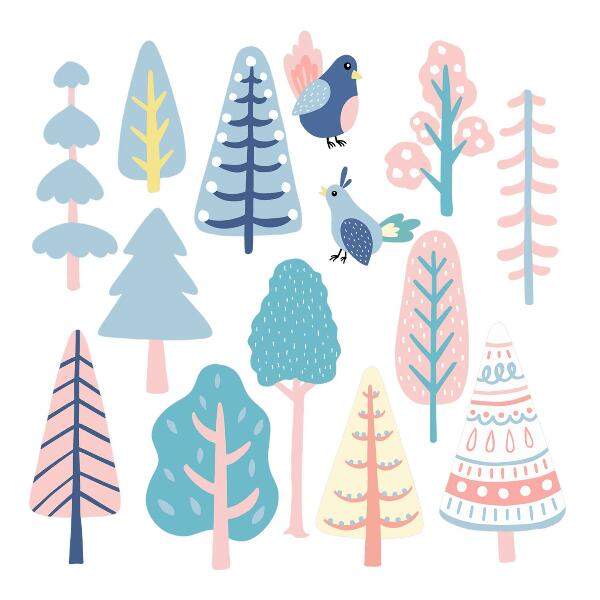 Wandtattoo 80x100 Boho-Wald mit Pastellbäumen und Vögeln