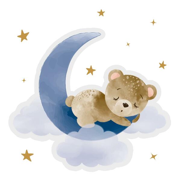Wandtattoo 80x76 Teddybär auf dem Mond in Wolken und Sternen-Aquarell