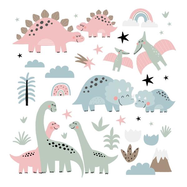 Wandtattoo 80x118 Dinosaurier in pastellfarbener Vegetation