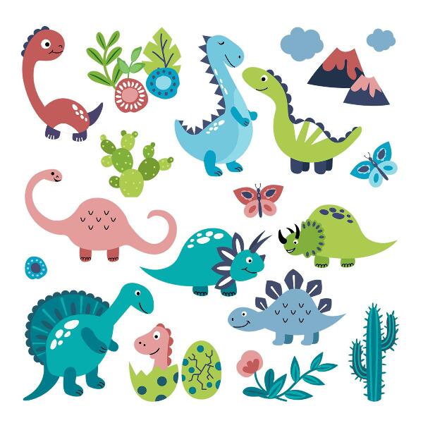 Wandsticker 80x144 Fröhliche Dinosaurier in einer Pastellpalette