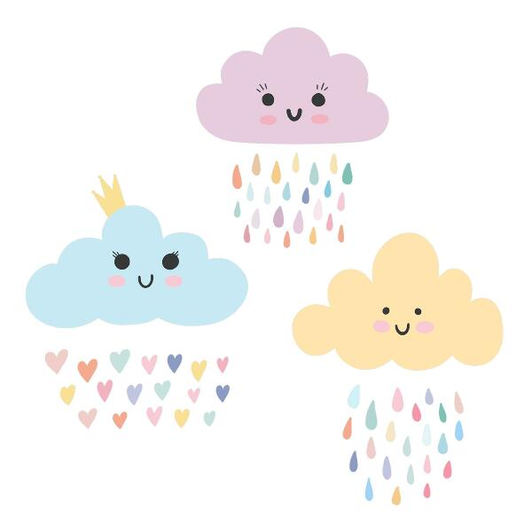 Wandsticker 80x103 Fröhliche Wolken mit Regen in Pastelltönen