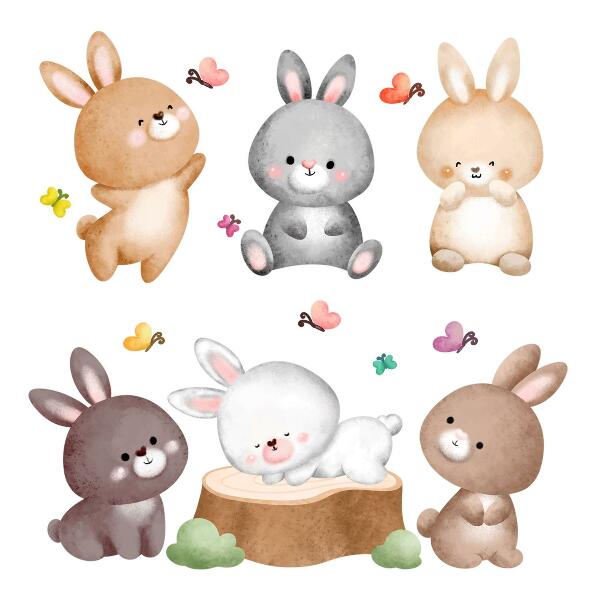 Wandsticker 80x99 Pastellfarbene Hasen und Schmetterlinge im Waldstil