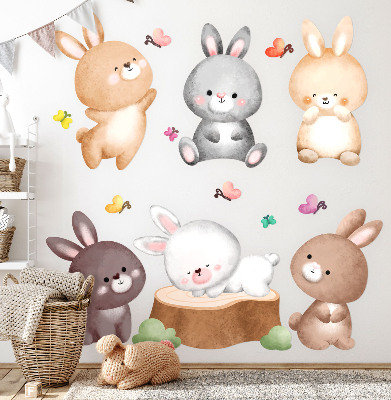 Wandsticker 80x99 Pastellfarbene Hasen und Schmetterlinge im Waldstil