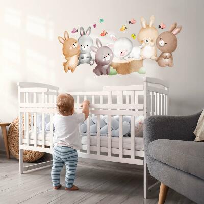 Wandsticker 80x99 Pastellfarbene Hasen und Schmetterlinge im Waldstil