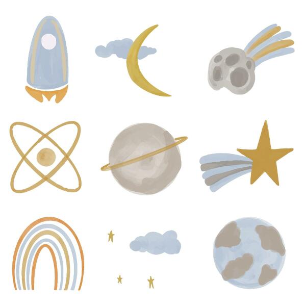 Wandsticker 80x134 Weltraumillustration von Planeten und Sternen in Pastelltönen