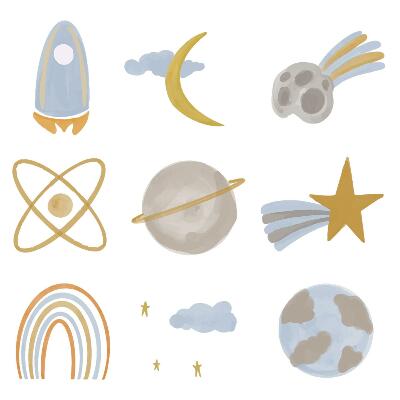 Wandsticker 80x134 Weltraumillustration von Planeten und Sternen in Pastelltönen