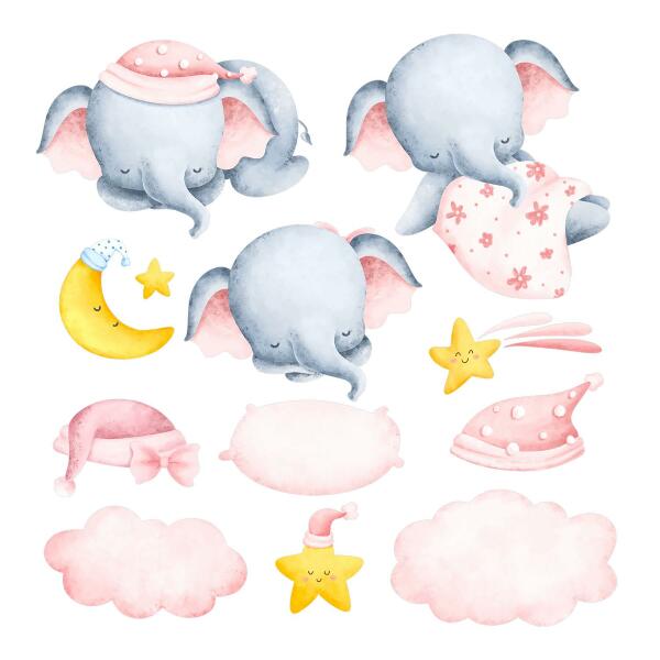 Wandsticker 80x122 Elefanten und Wolken im Pastell-Aquarell-Stil