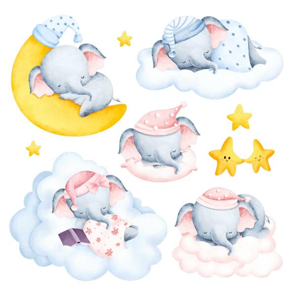 Wandsticker 80x112 Pastellelefanten und Wolken im Aquarellstil