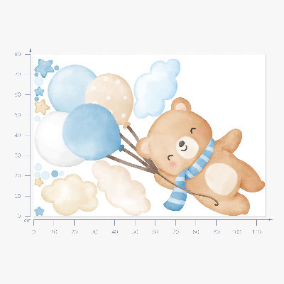 Wandsticker 80x114 Niedlicher Teddybär mit Luftballons in den Wolken, Pastell-Aquarell