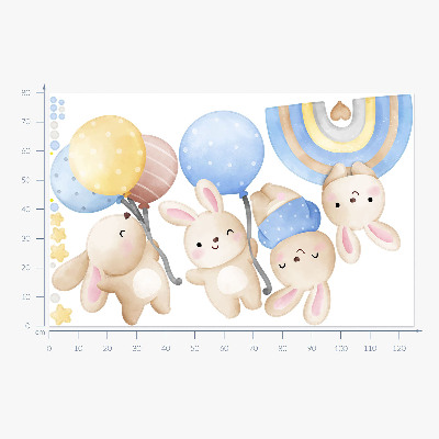 Wandsticker 80x125 Hasen mit Luftballons in einem pastellfarbenen Regenbogen