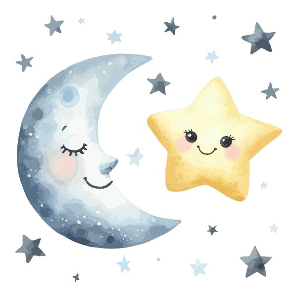Wandsticker 80x138 Mond und Stern im nächtlichen Aquarellstil